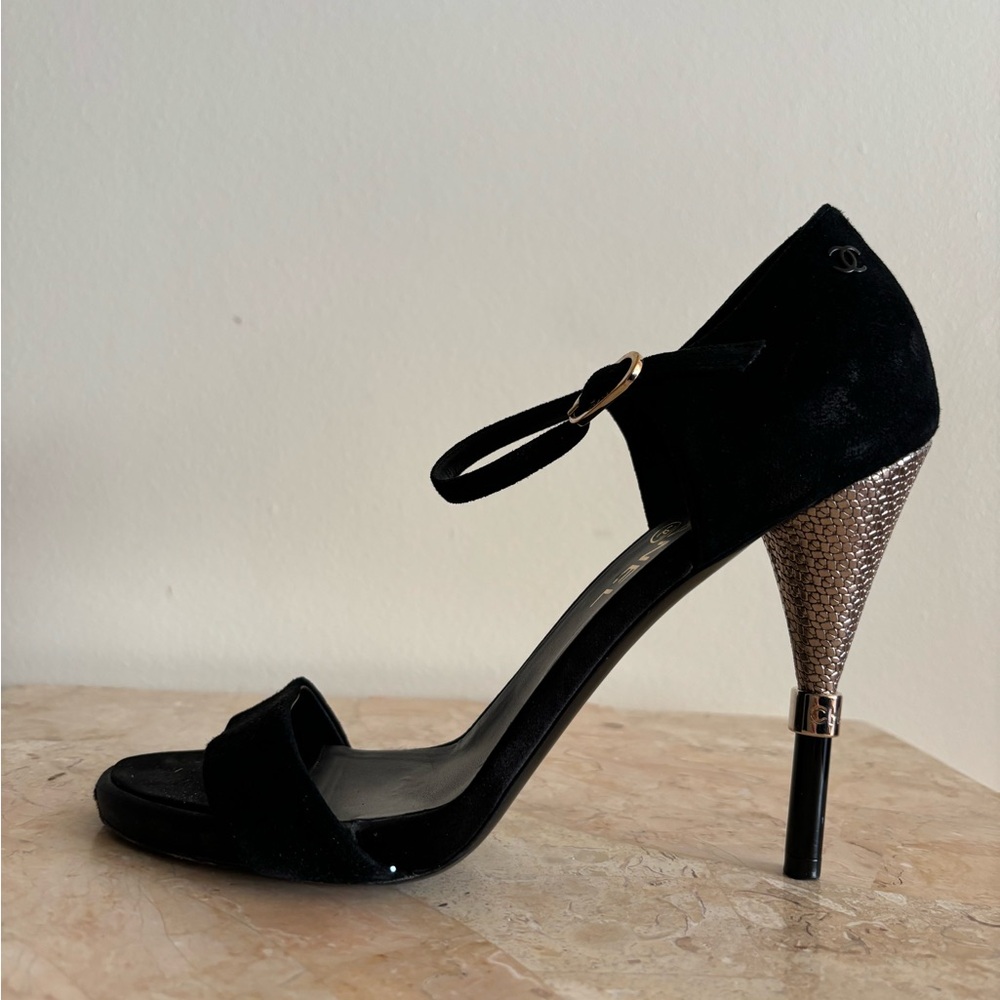 Chanel 2016 black suede satin gold metallic sandals 39